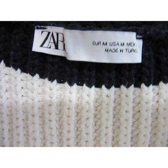 ZARA Black and White V-Neck M Pullover Sleeveless Chunky Knit Stripe Sweater - Picture 2 of 4